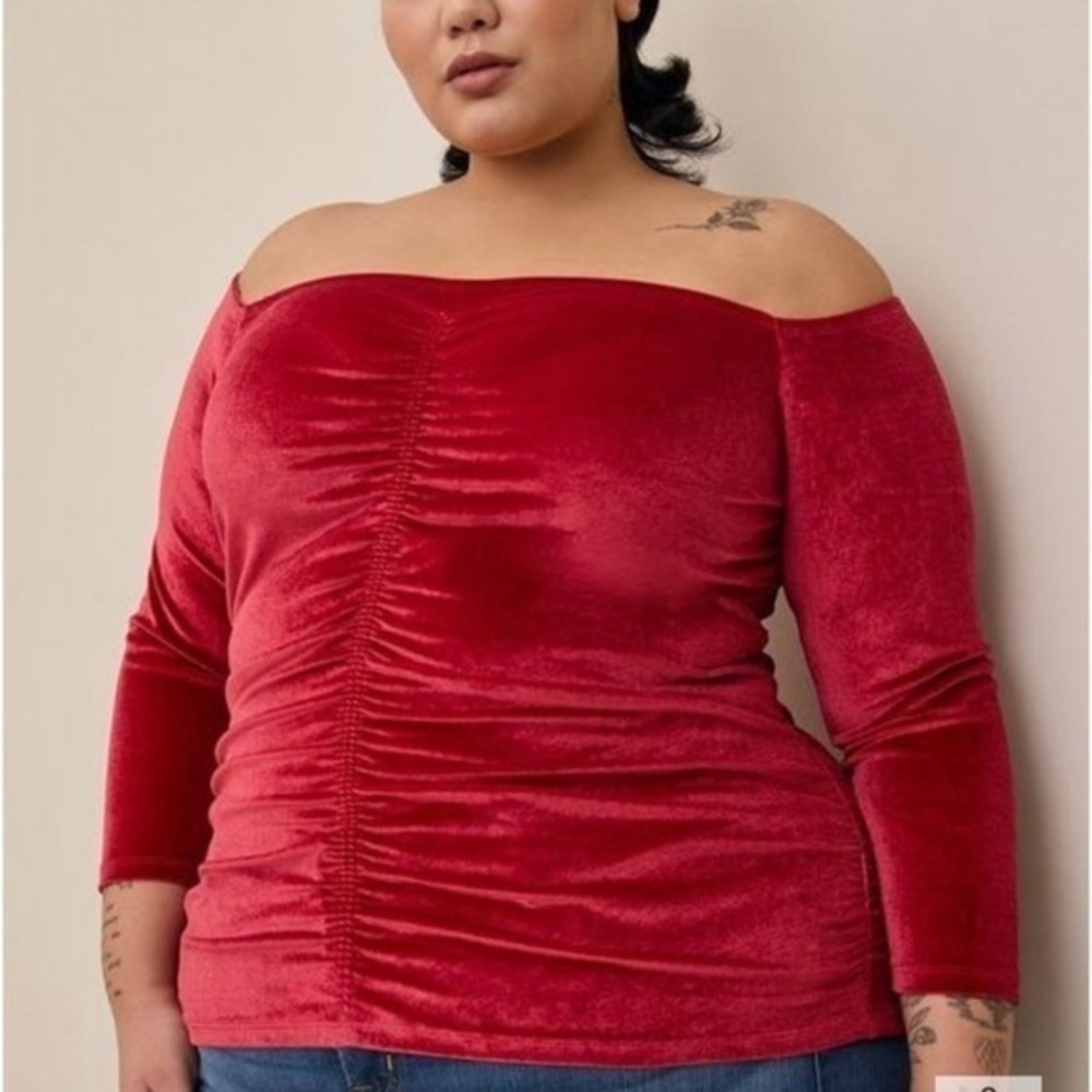 Torrid NWT 6X Plus Size‎ Shirred Front Off the Shoulder Red Velvet Blouse Top